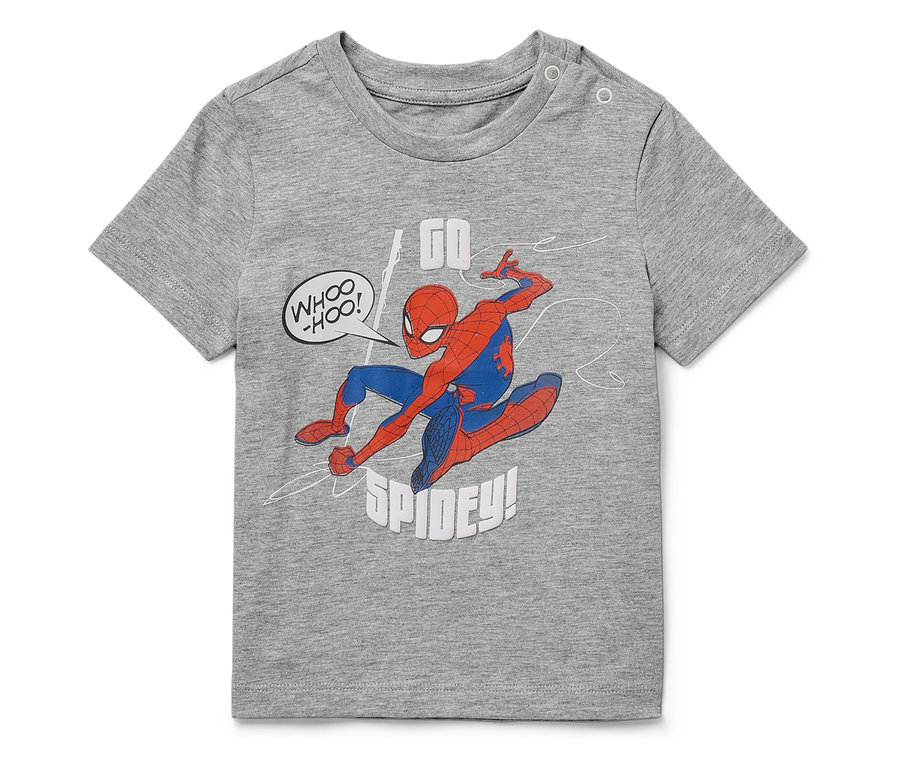Graues Kurzarm-T-Shirt mit einer Spiderman-Abbildung.