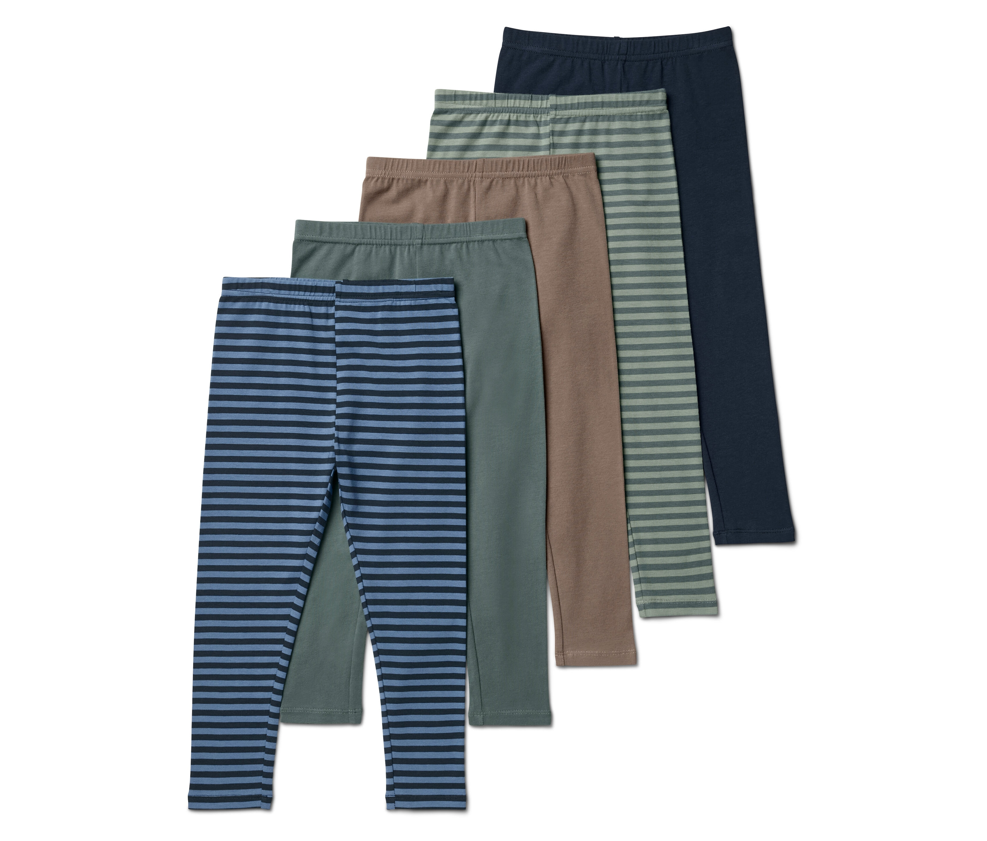 Fünf Leggings in verschiedenen Farben und Mustern liegen nebeneinander auf einem weißen Hintergrund.