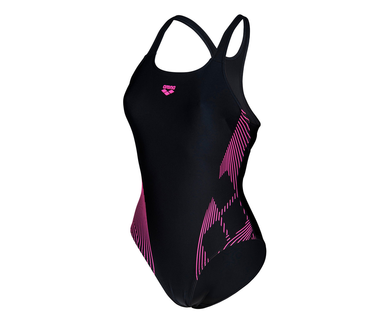 Schwarzer arena Feel Damen Badeanzug Lily Swim Pro Back Bustier mit pinken Details.