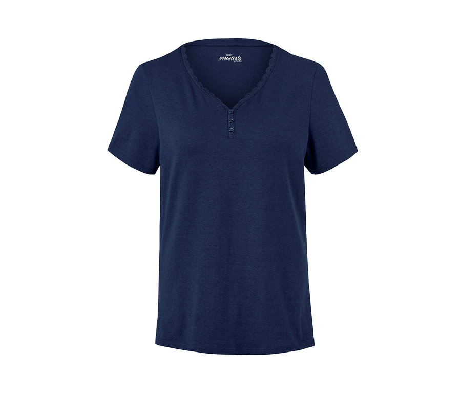 Marineblauer Pyjama mit kurzem Arm und Spitze am Ausschnitt.