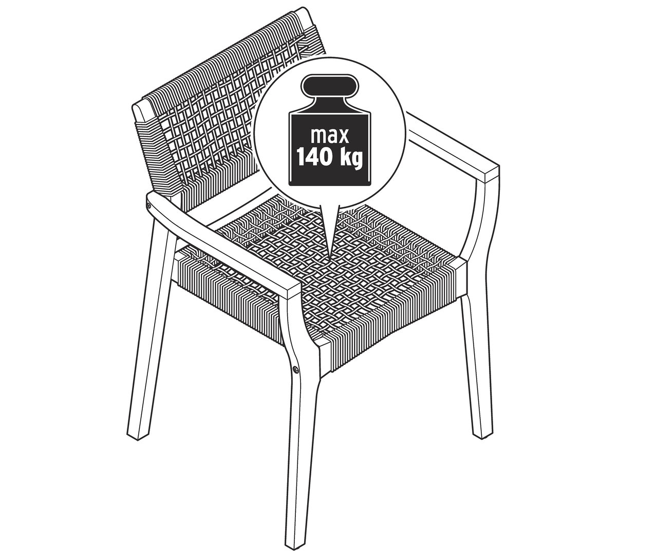 Illustration eines stapelbaren Esszimmerstuhls mit Textilgeflecht und einer maximalen Belastbarkeit von 140 kg.