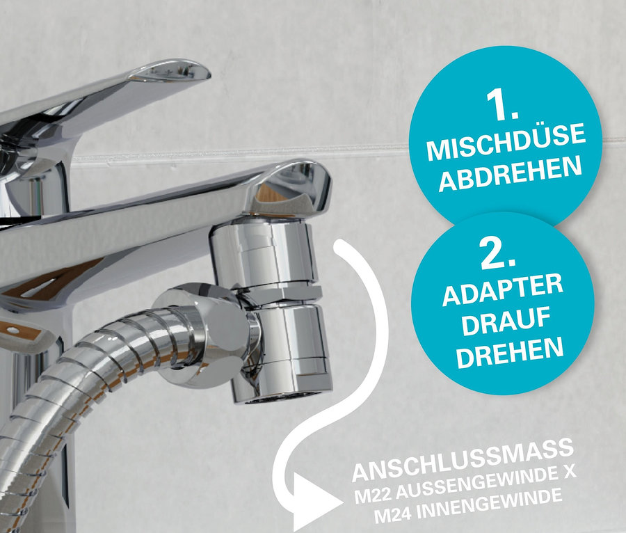 Detail einer Chromarmatur mit Schlauch und blauen Kreisetiketten mit Anweisungen auf Deutsch.