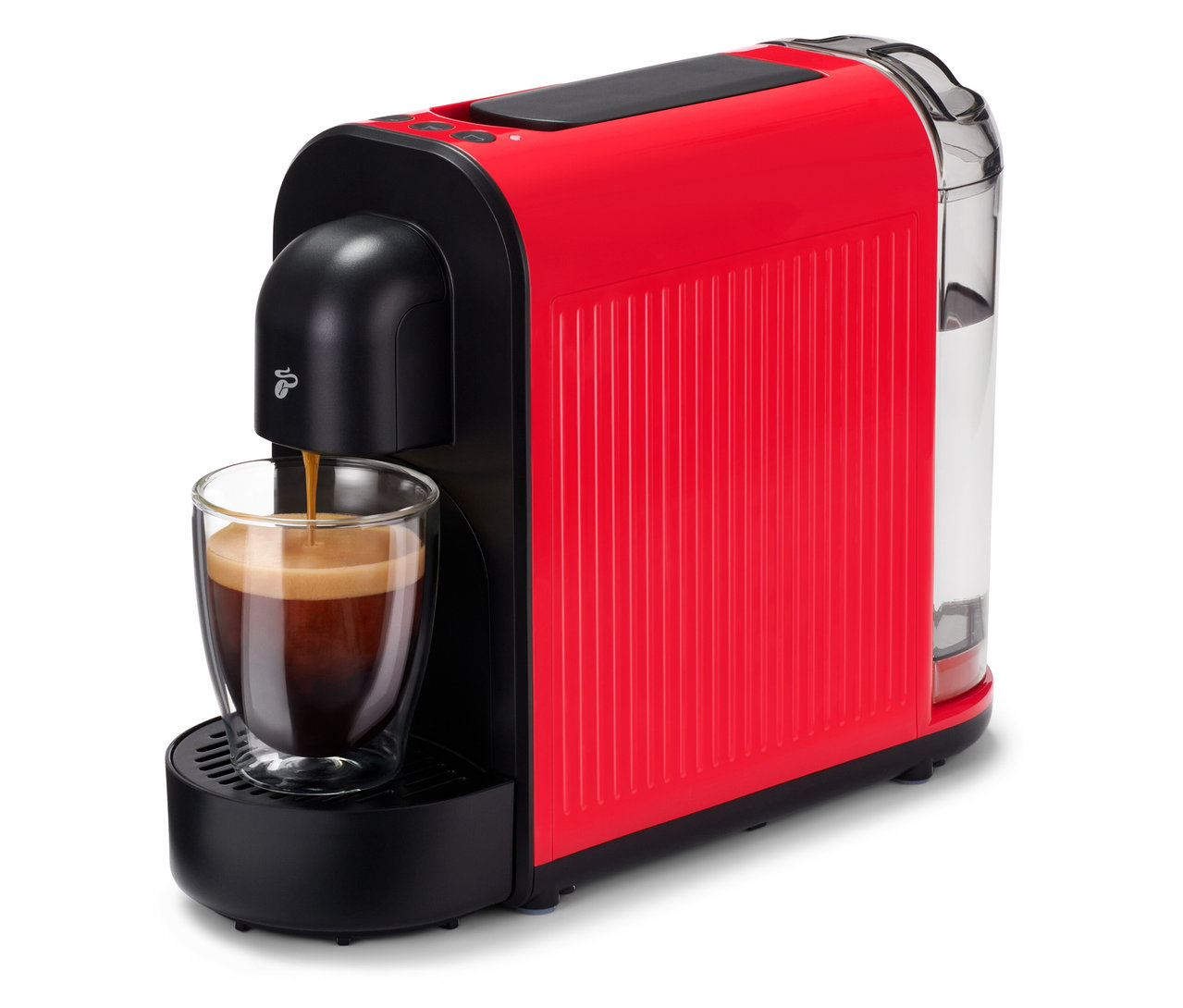 Espresso läuft in ein Glas unter einer roten Cafissimo now.