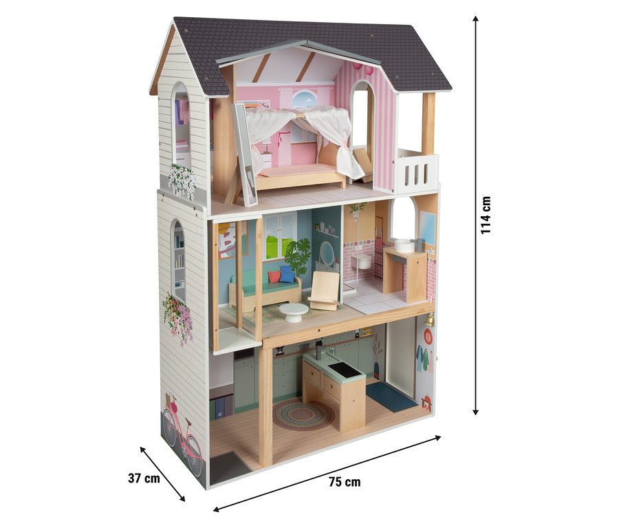 Detailansicht des Small foot Puppenhaus Stadtvilla, ein mehrstöckiges Puppenhaus mit Ausstattung.