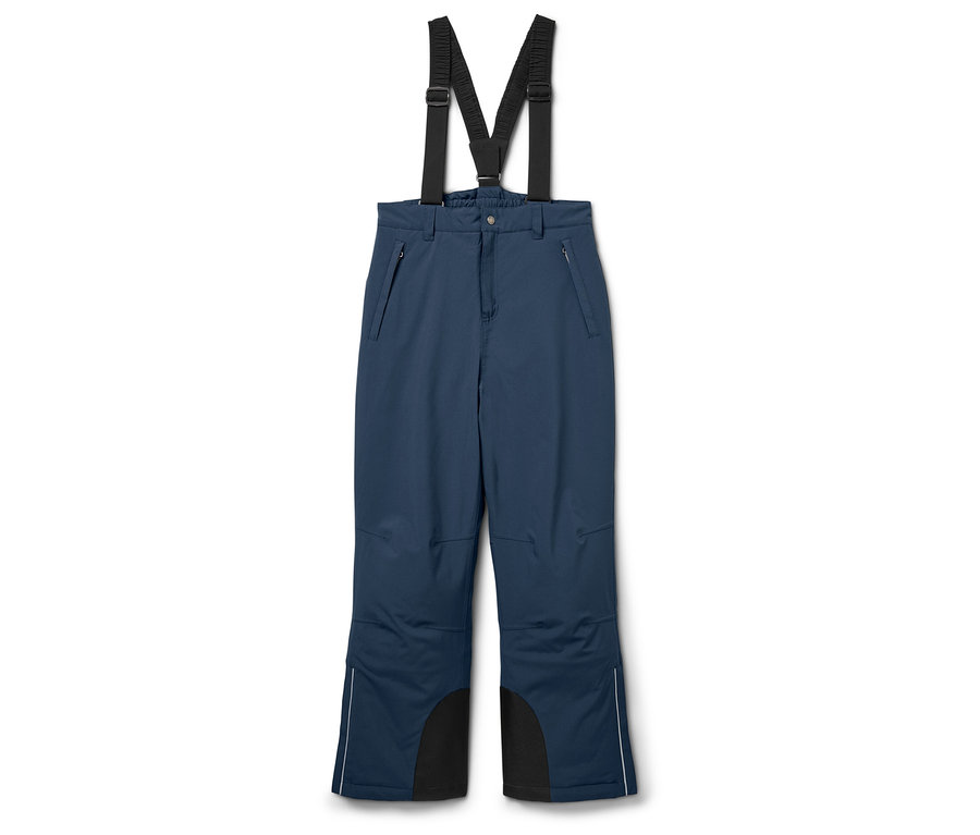 Blaue Skihose mit schwarzen Verstärkungen an den Beinenden und Hosenträgern.