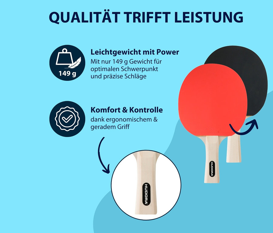 Zwei Tischtennisschläger Hudora Tischtennis-Set Tournament, einer rot, einer schwarz.
