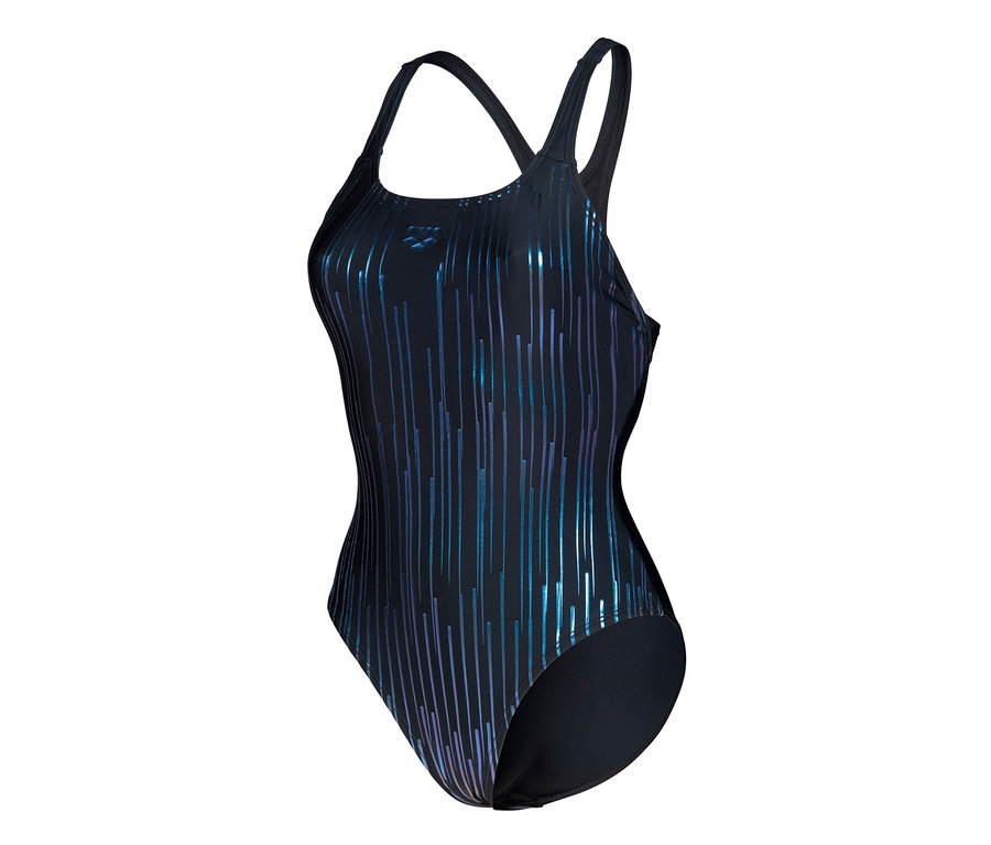 arena Feel Damen Badeanzug Hyacinth Swim Pro Back mit blauen und violetten Streifen.