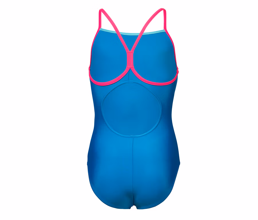 Blauer arena Feel Kinder-Badeanzug Light Drop Back Solid mit pinken Trägern.