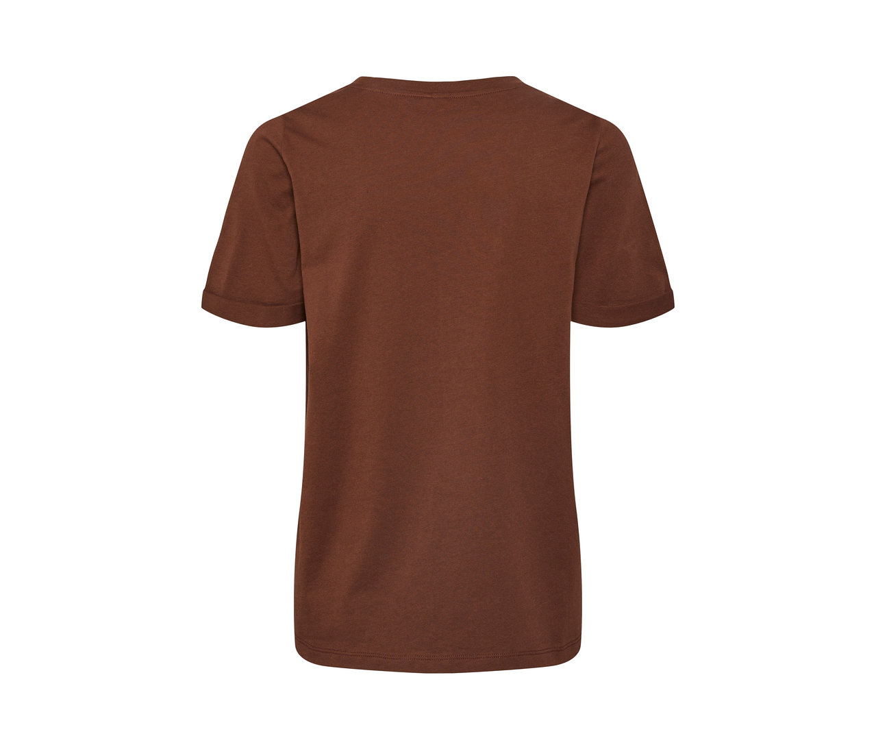 Detailansicht von hinten eines braunen T-Shirts mit Stickerei.