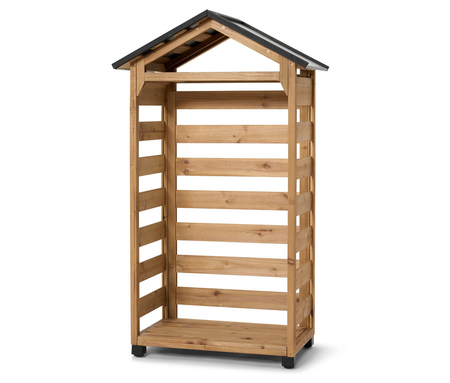 Holzschuppen mit schwarzem Dach und horizontalen Lamellen.