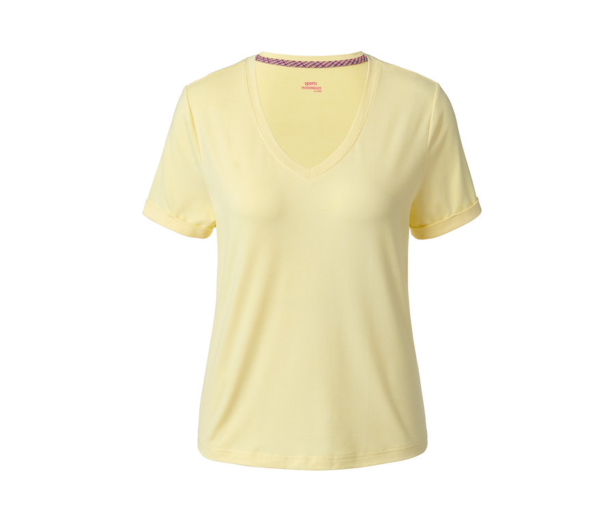 Gelbes Sportshirt mit kurzen Ärmeln.