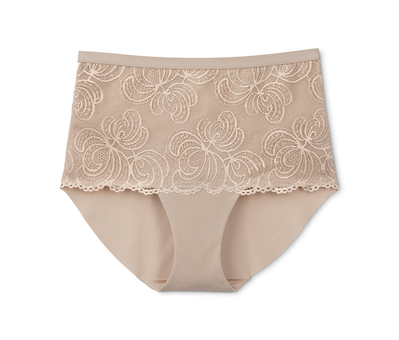 Beige Bodyforming-Panty mit Blumenmuster.