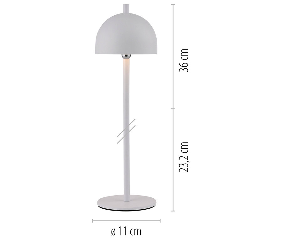 Weiße Lampe mit halbkugelförmigem Schirm, 36 cm hoch und 11 cm Basisdurchmesser.