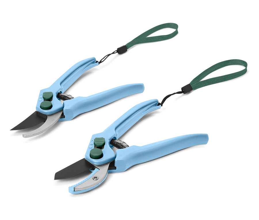 Zwei Gartenscheren mit blauen Griffen und grünen Schlaufen.