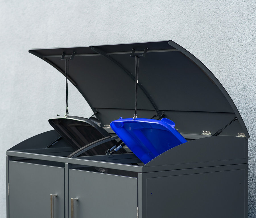 Geöffnete Mülltonnenbox, 2er, mit blauer und schwarzer Mülltonne darin.