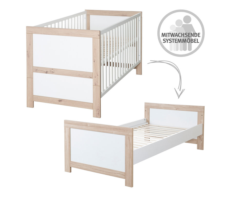 roba Kinderzimmerset »Malo« Bett mit Holzrahmen und weißen Paneelen, umgebaut zum Kinderbett.