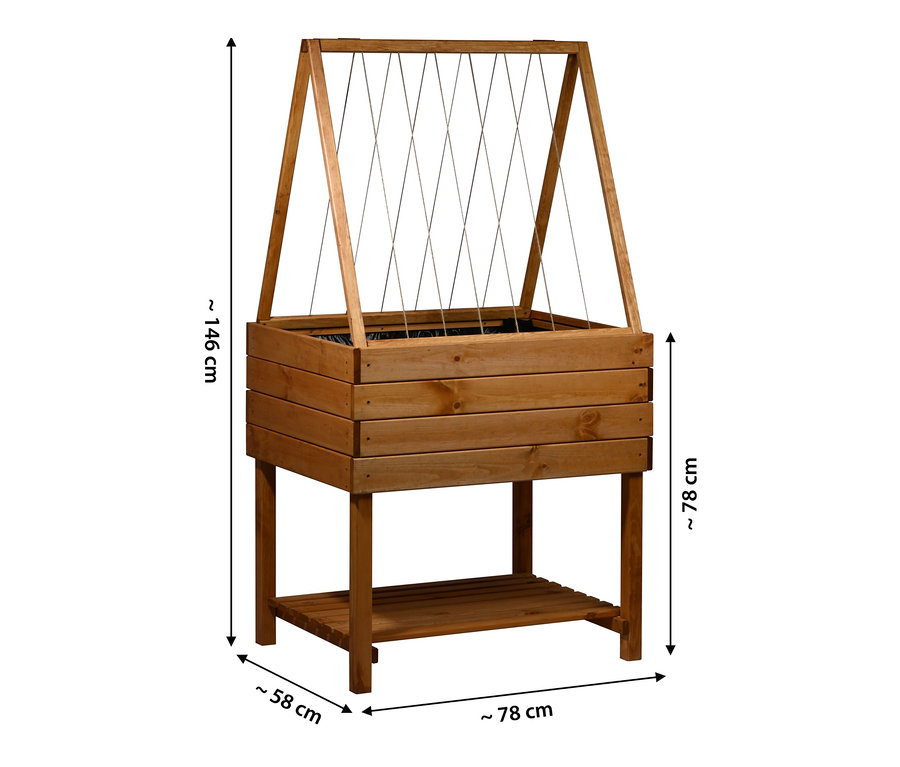 Detailaufnahme des Hochbeets Kubus aus braunem Holz mit Rankgitter.