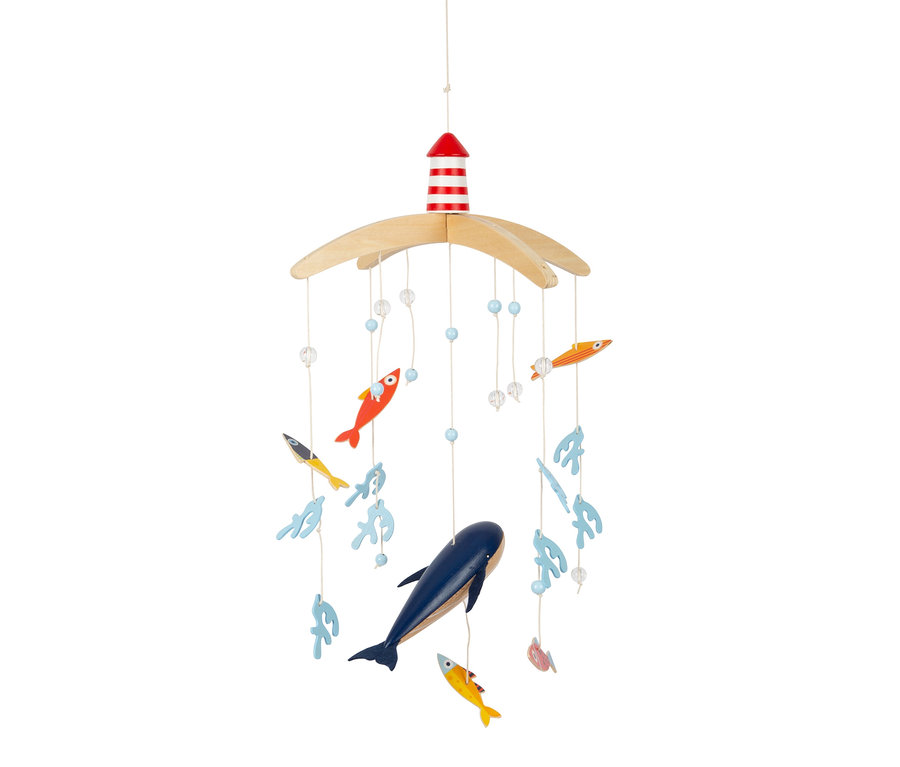 small foot Mobile mit Halterung "Seaside" mit Holzwal, Fischen und Leuchtturm.