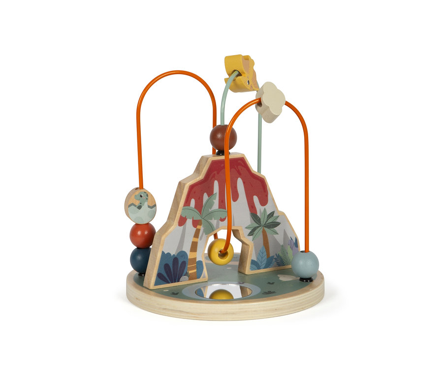 Holzmotorikschleife »Dino« aus dem small foot Set mit Vulkanmotiv, Kugeln und Schlaufen.