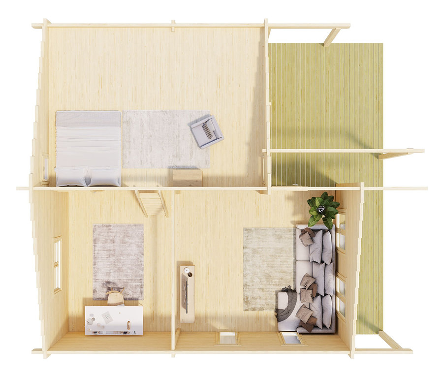 Draufsicht eines zweistöckigen Weka Wochenendhauses mit Wohnzimmer, Schlafzimmer und Arbeitszimmer.