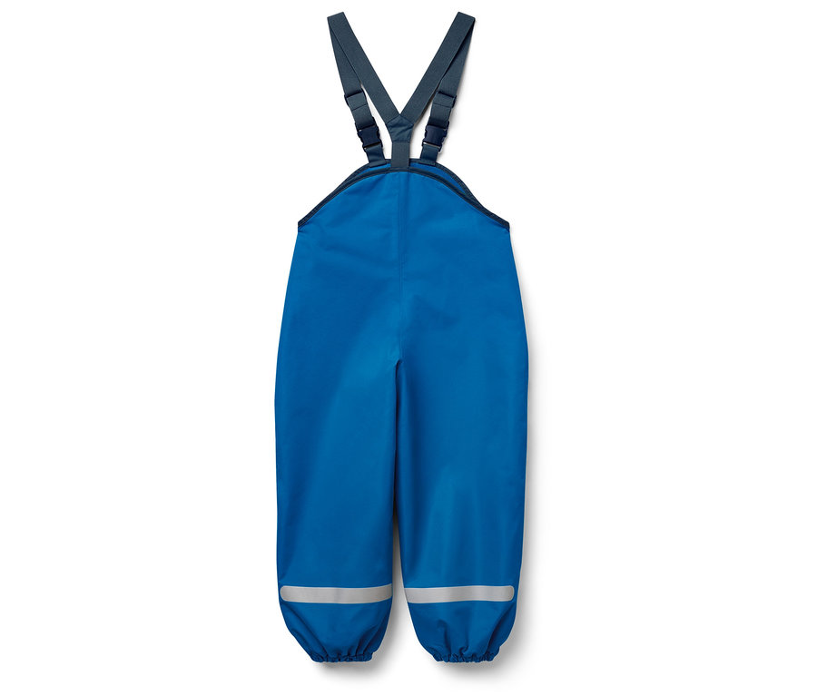 Blaue Regenhose mit Latz und reflektierenden Streifen an den Beinen.