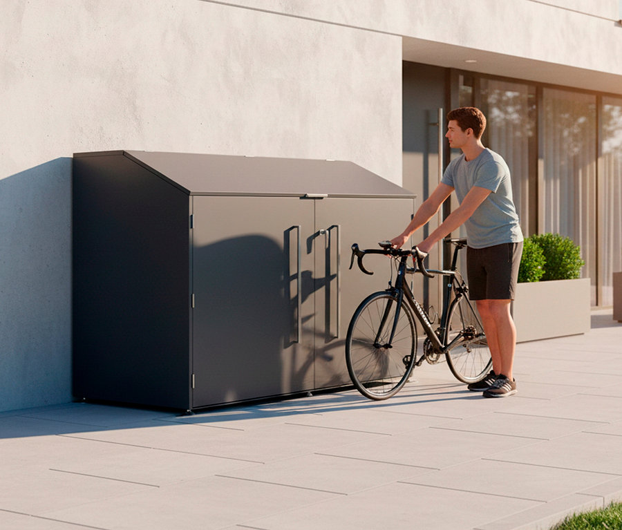 Mann schiebt ein schwarzes Fahrrad vor eine graue Fahrradgarage an einem modernen Gebäude.