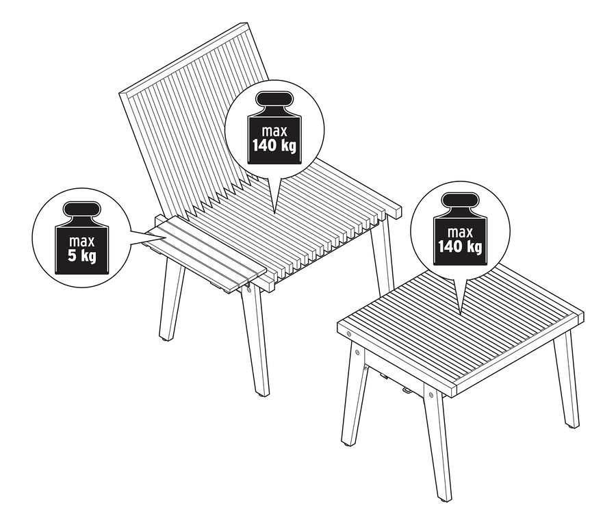 Zeichnung einer flexiblen Plauderbank mit Gewichtsbeschränkungen.