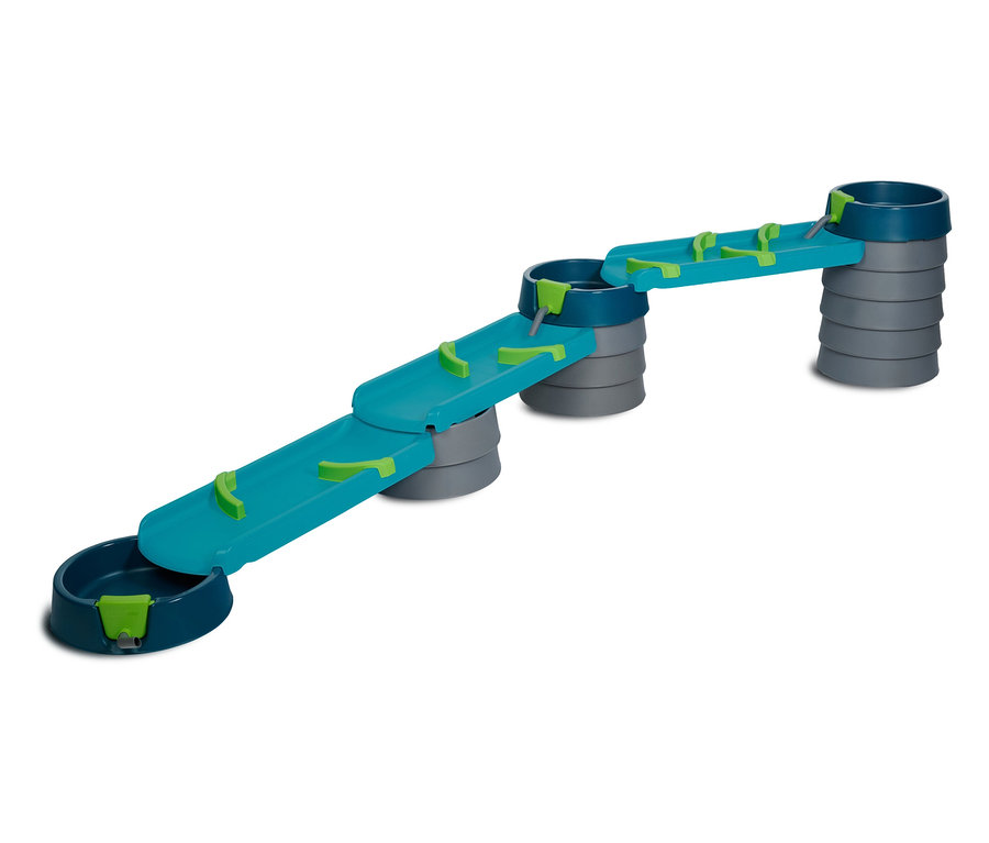 Die AquaPlay »Mudway STREAM« Matschbahn ist ein blau-graues Spielzeug mit grünen Akzenten, das aus Rinnen und Becken besteht.