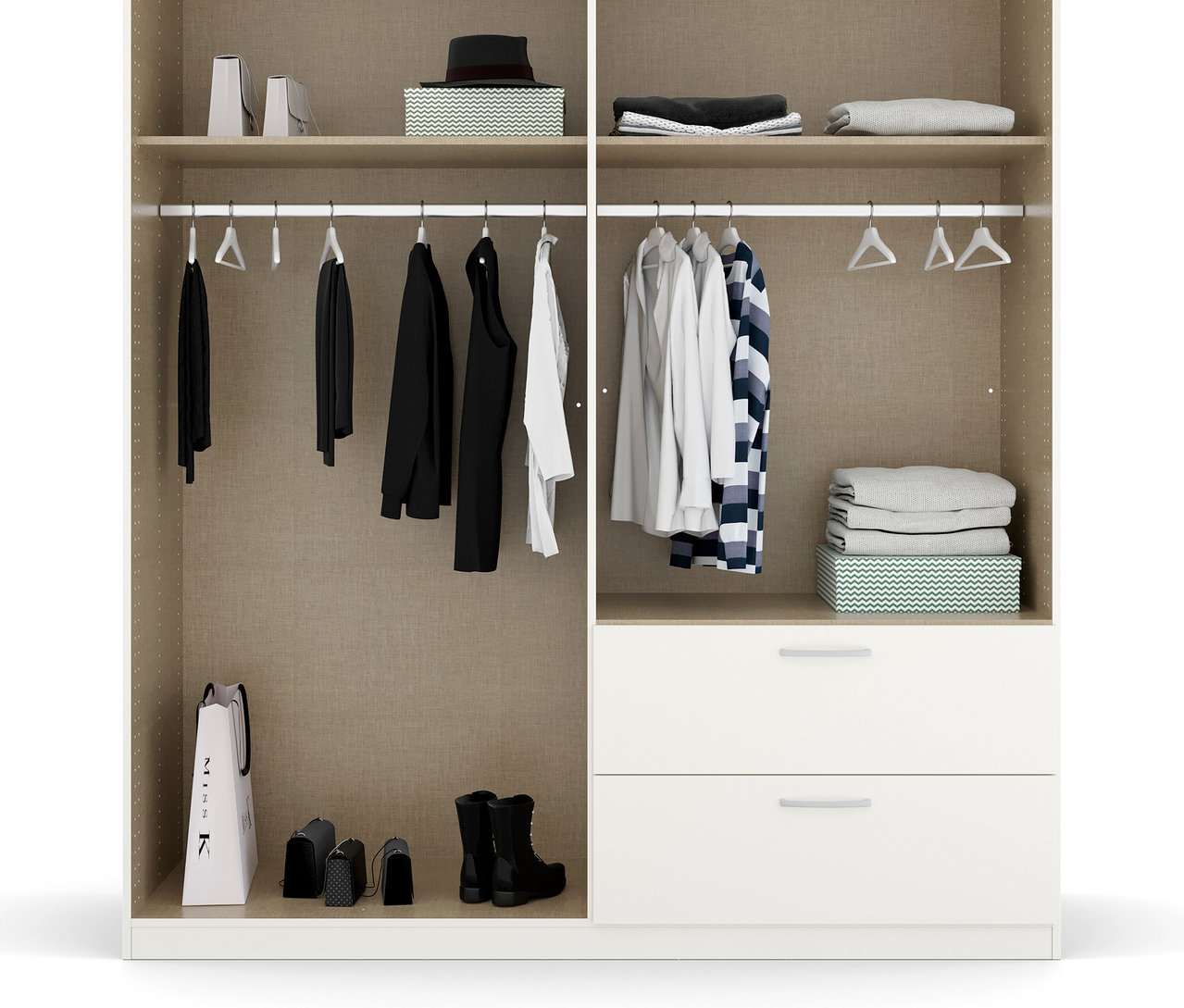 Innenansicht eines offenen, zweitürigen Kleiderschranks »Quadra-Spin Country« von rauch, mit Kleidung, Schuhen und Accessoires.