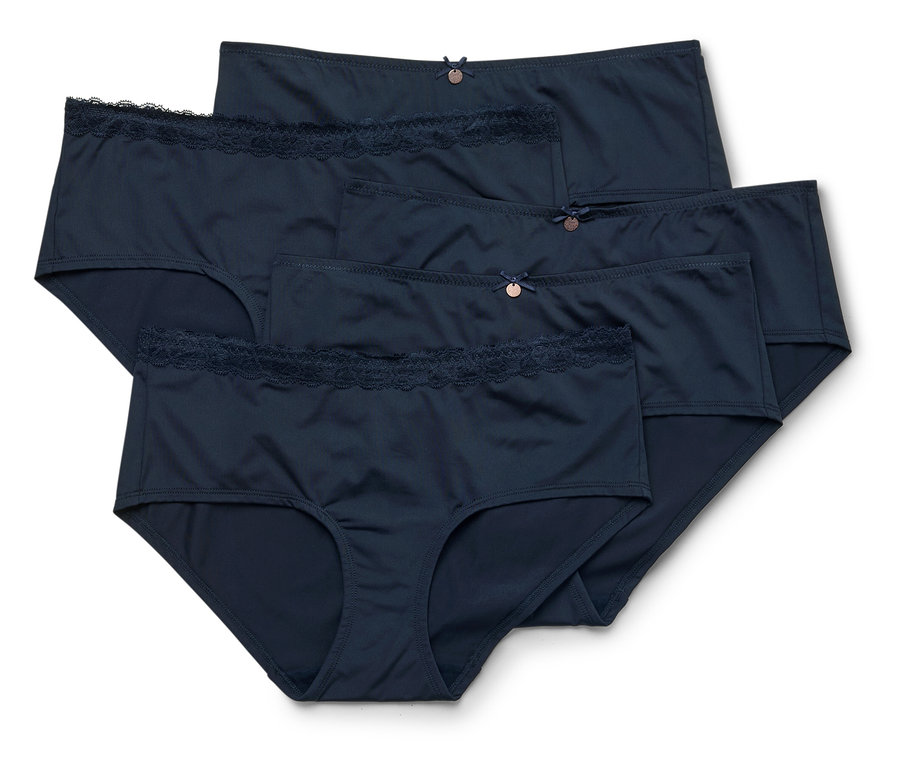 Fünf dunkelblaue Damenslips liegen übereinander. Einige haben eine Spitzenbordüre.