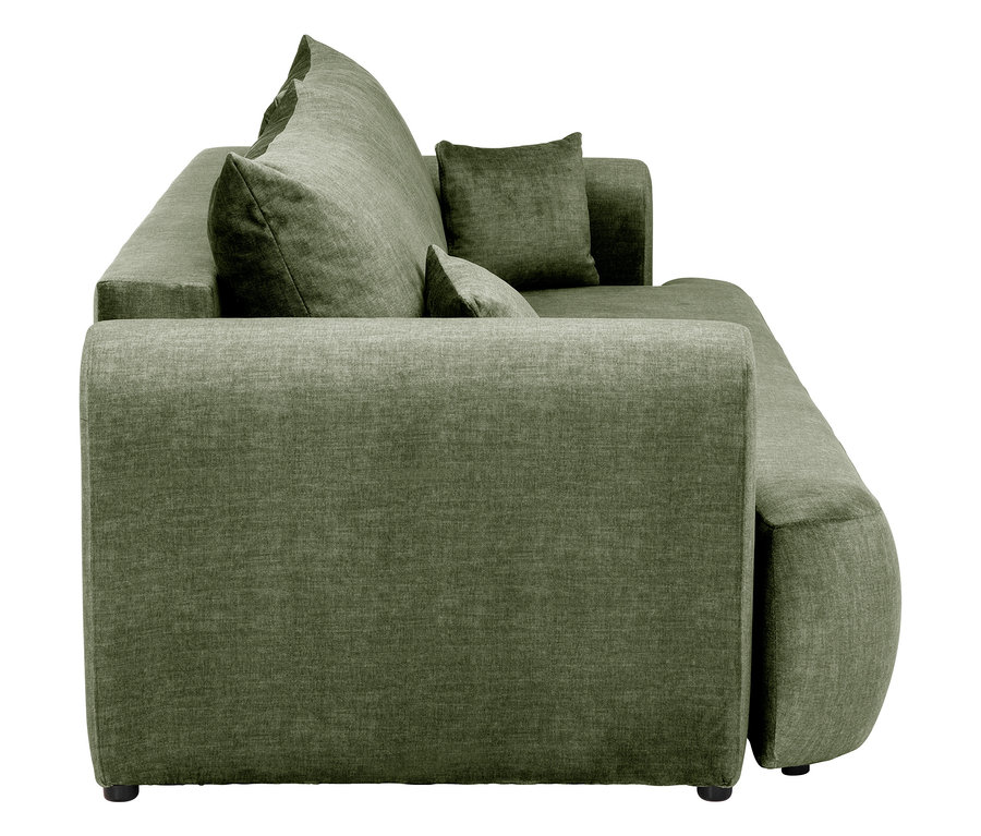 Nahaufnahme eines grünen Sofas mit Kissen.