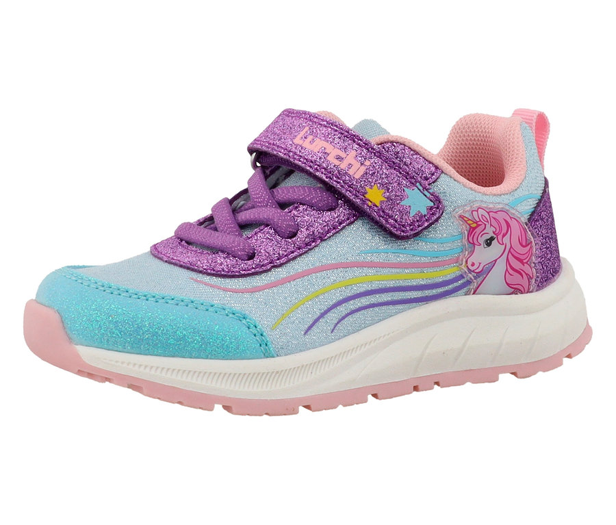 Einzelner LURCHI Sneaker »Anni« in hellblau, lila und pink mit Einhorn-Motiv.