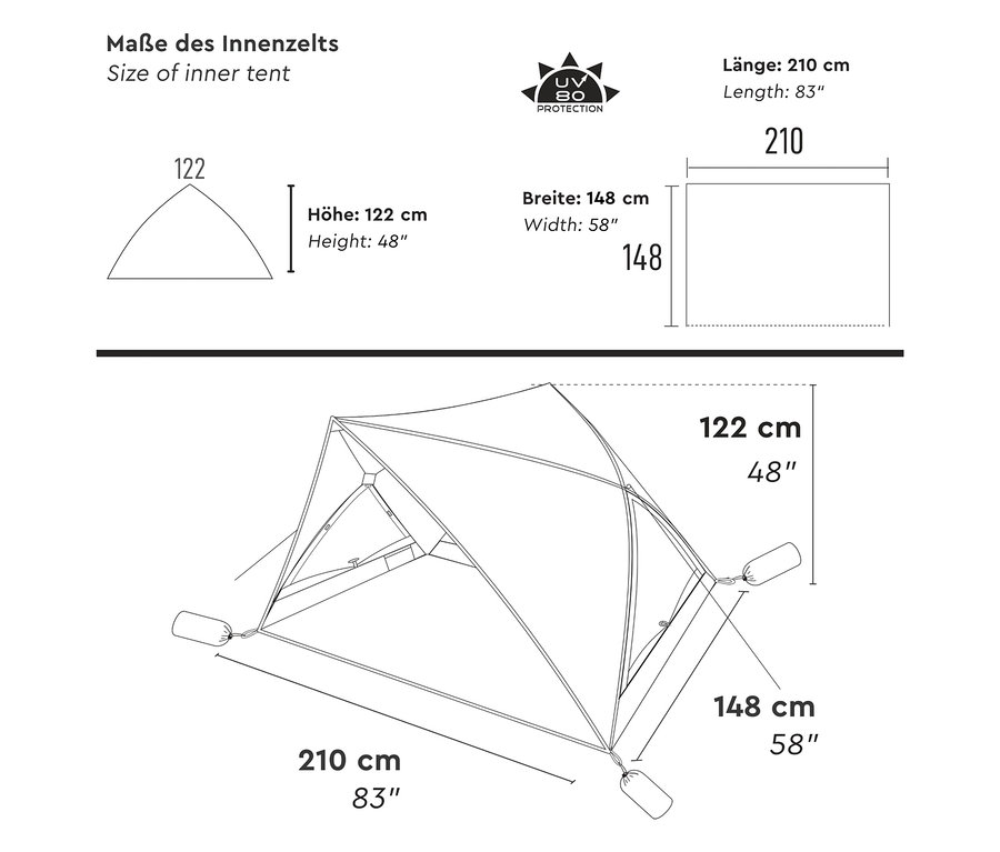 Abbildung der Maße des Innenzelts der Tambu Strandmuschel »BARGA« mit Länge 210 cm, Breite 148 cm und Höhe 122 cm, UV 80 Schutz.