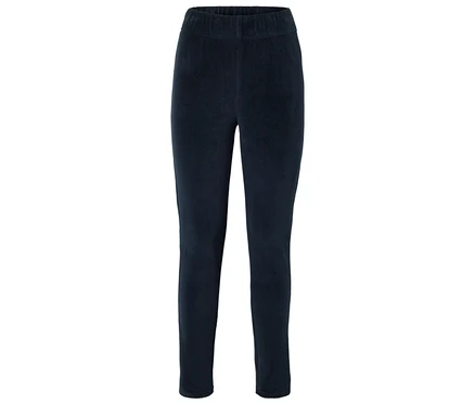 Marineblaue Cordhose mit elastischem Bund liegt flach auf dem Boden.
