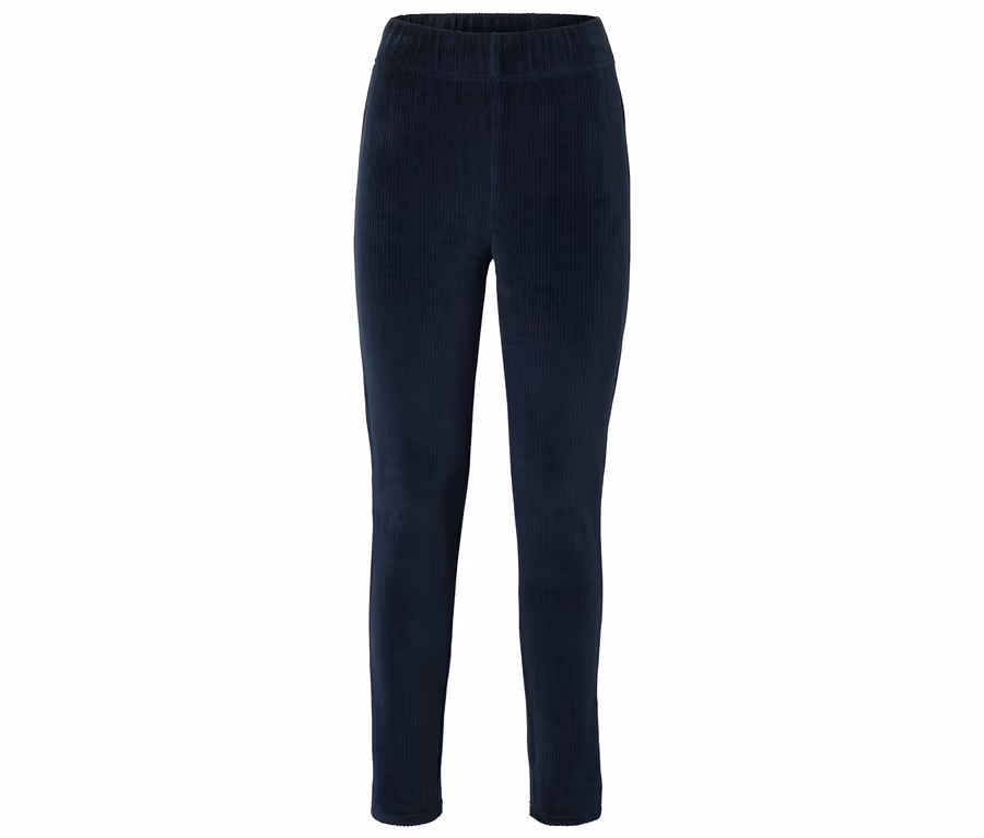 Marineblaue Cordhose mit elastischem Bund liegt flach auf dem Boden.