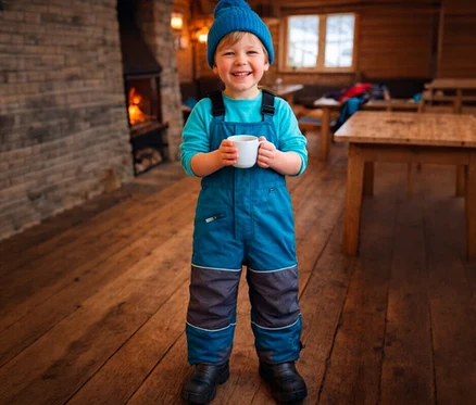 Ein lächelnder kleiner Junge mit blauer Strickmütze, blauem Langarmshirt und blau-grauem Schneeanzug steht auf einem Holzboden und hält eine weiße Tasse. Links von ihm ist ein Kamin mit Feuer zu sehen, im Hintergrund stehen Holztische und Bänke.