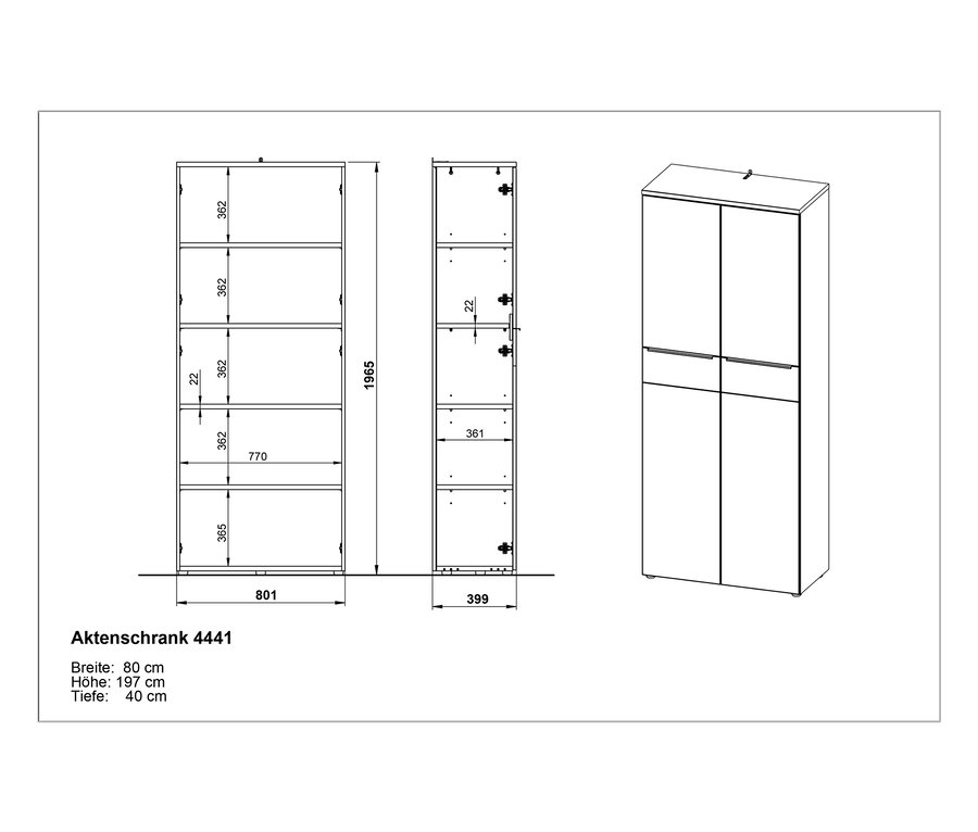 Technische Zeichnung eines mittelhohen Aktenschranks »Oviedo« mit zwei Türen.