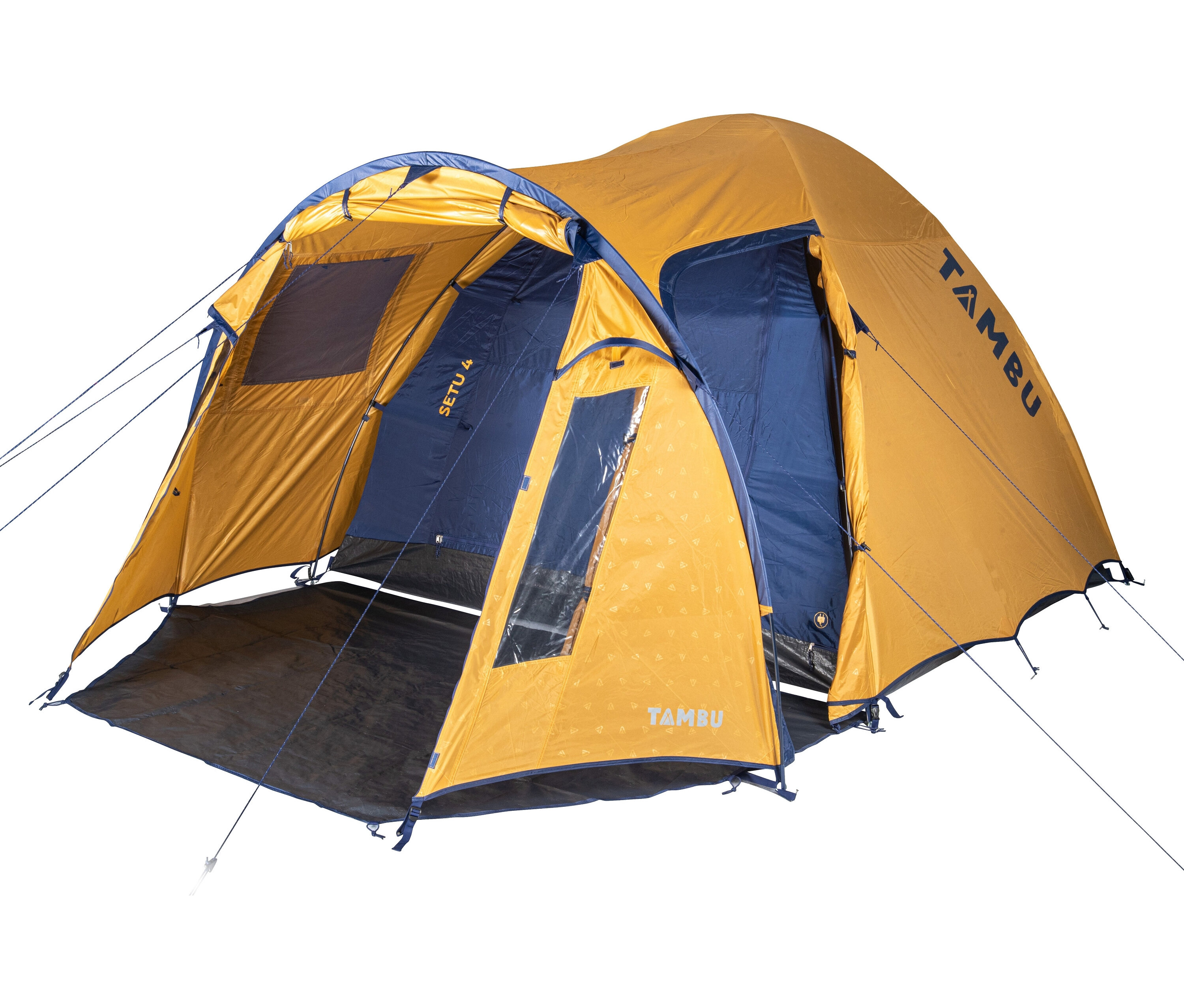Das Tambu »SETU 4« 4 Personen-Kuppelzelt in Gelb und Blau steht aufgebaut.