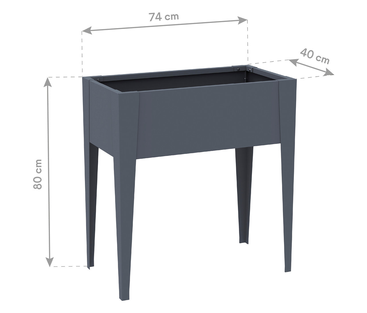 Eine dunkelgraue Pflanzkiste mit den Maßen 74 cm Breite, 40 cm Tiefe und 80 cm Höhe ist vor einem weißen Hintergrund abgebildet.