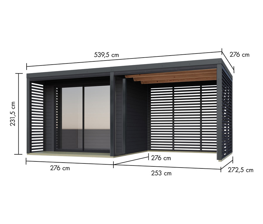 Ansicht eines Pavillons mit Abmessungen.