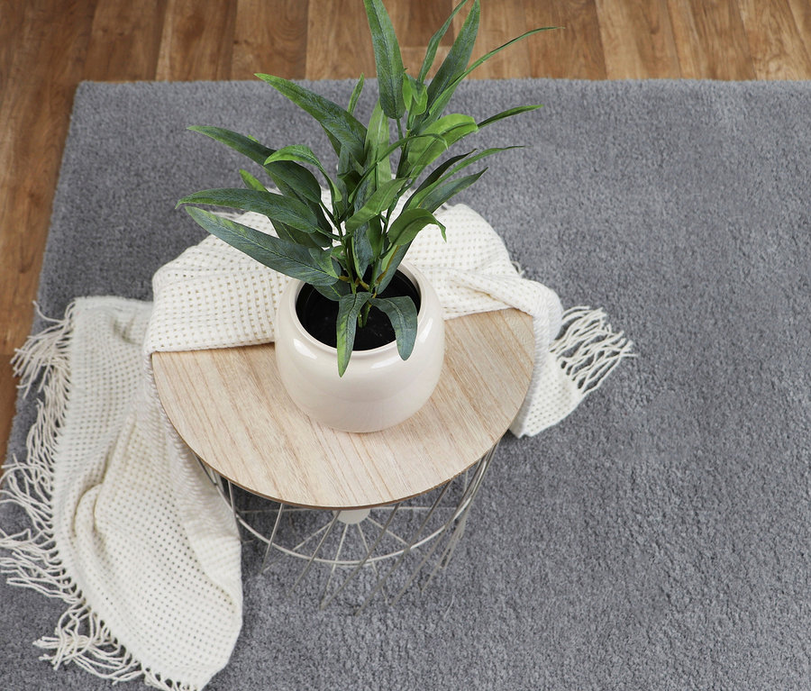 Auf einem hellgrauen »Pleasure« Teppich steht ein Tisch mit einer Pflanze und einer weißen Decke.