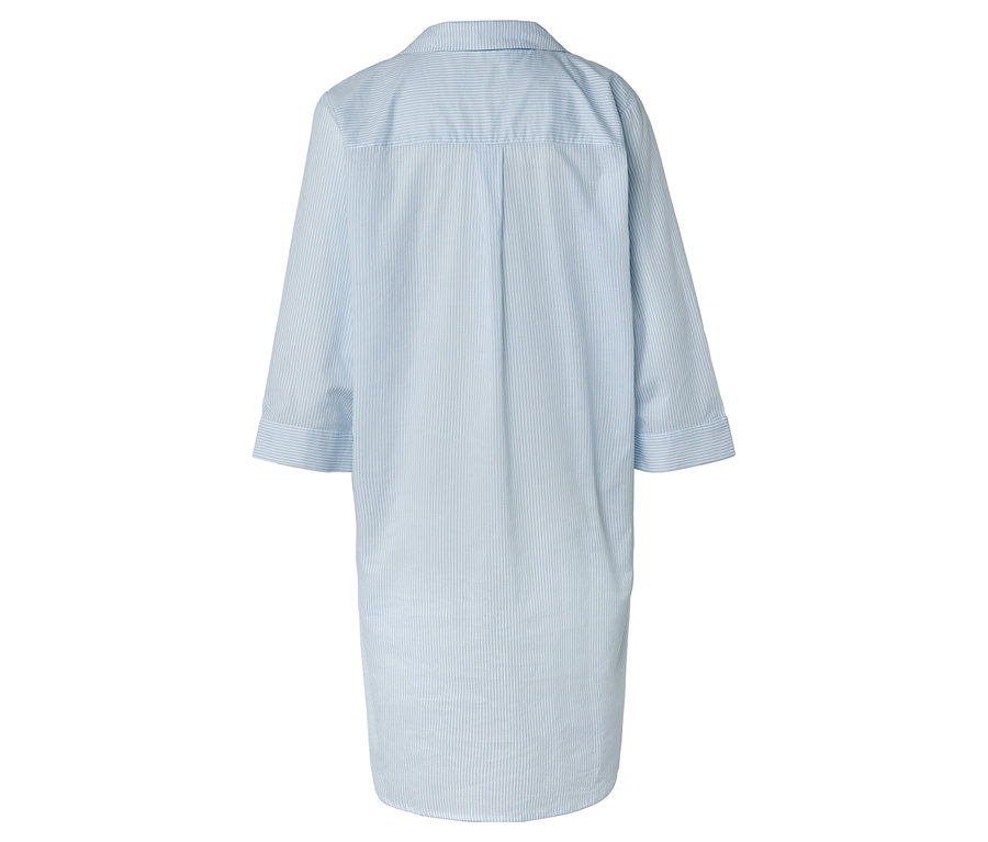 Rückansicht eines hellblau-weiß gestreiften Hemdkleids.