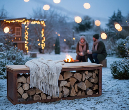 Eine 117 cm lange Bank inkl. Holzlager »TYR« mit einer weißen Decke darauf steht im Schnee. Im Hintergrund sitzen zwei Personen am Lagerfeuer.