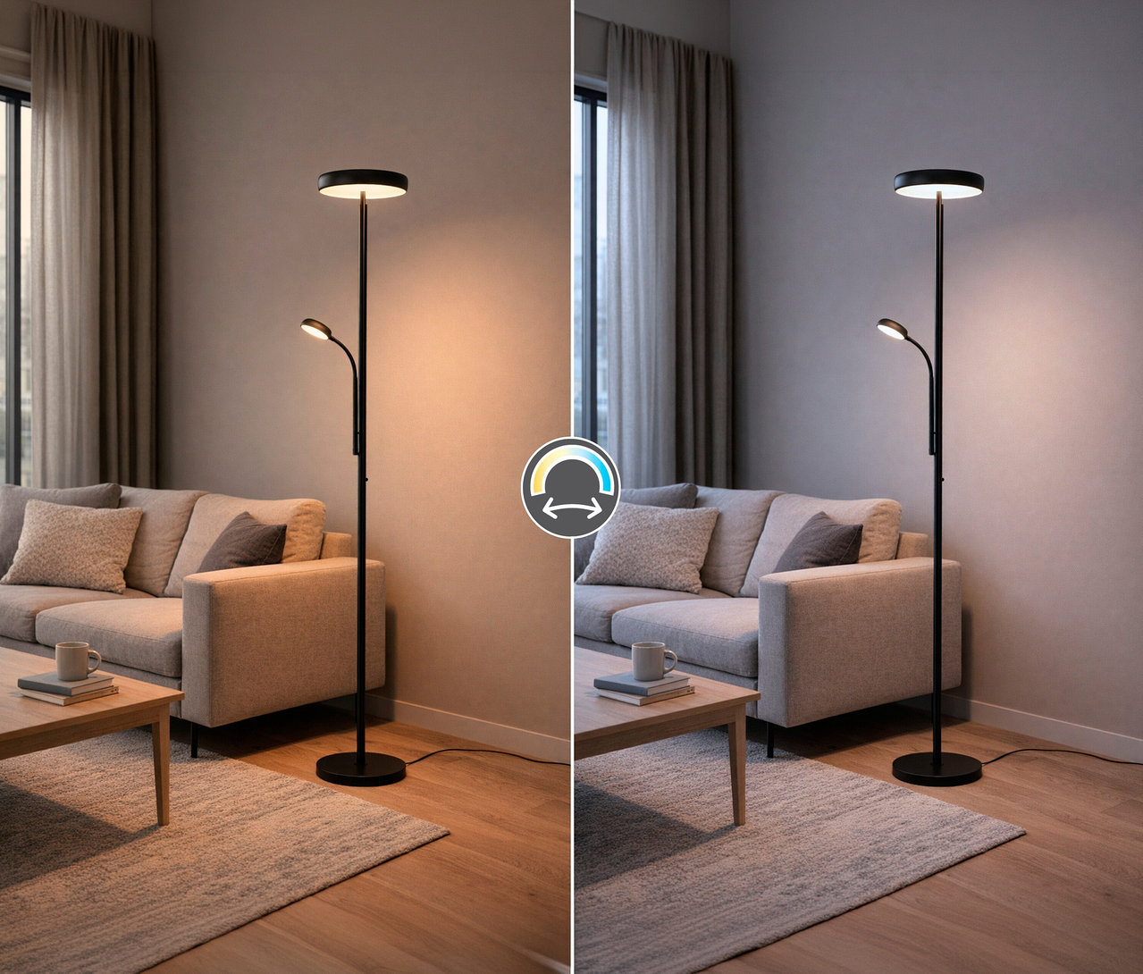 Zweiteiliges Bild zeigt Trio Stehleuchte »Palermo« in Schwarz neben Sofa und Tisch, einmal mit warmem, einmal mit kaltem Licht.