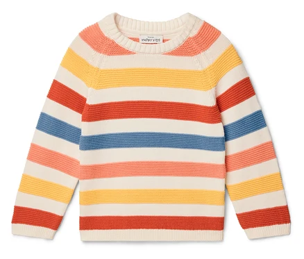 Gestreifter Pullover in Weiß, Gelb, Rot, Blau und Rosa.