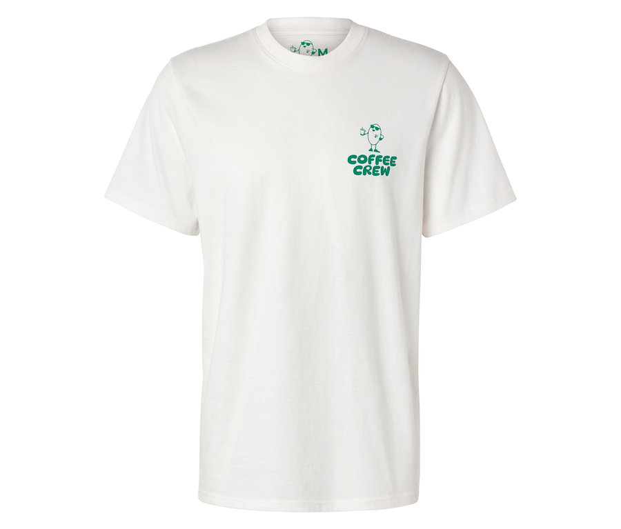Weißes Unisex Coffee Crew T-Shirt mit kleinem, grünem Aufdruck.