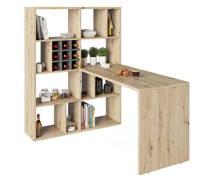 Regal mit Holztischplatte, bestückt mit Geschirr, Büchern, Flaschen, Gläsern und Pflanzen.