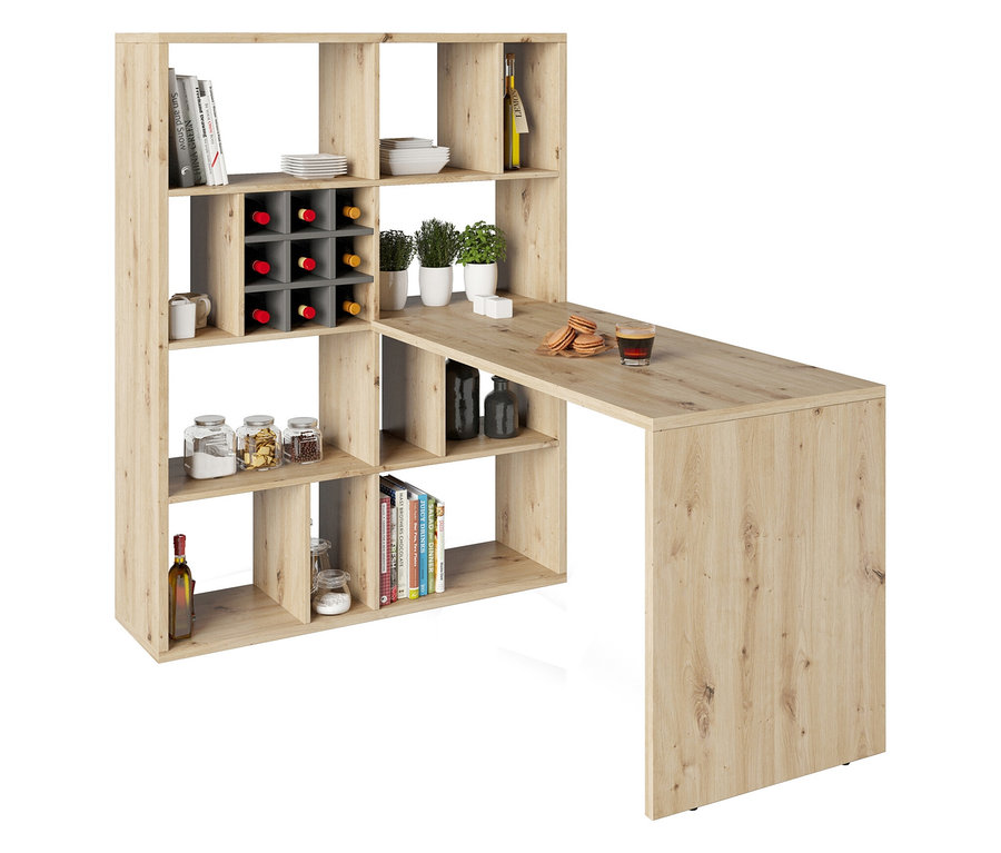 Regal mit Holztischplatte, bestückt mit Geschirr, Büchern, Flaschen, Gläsern und Pflanzen.