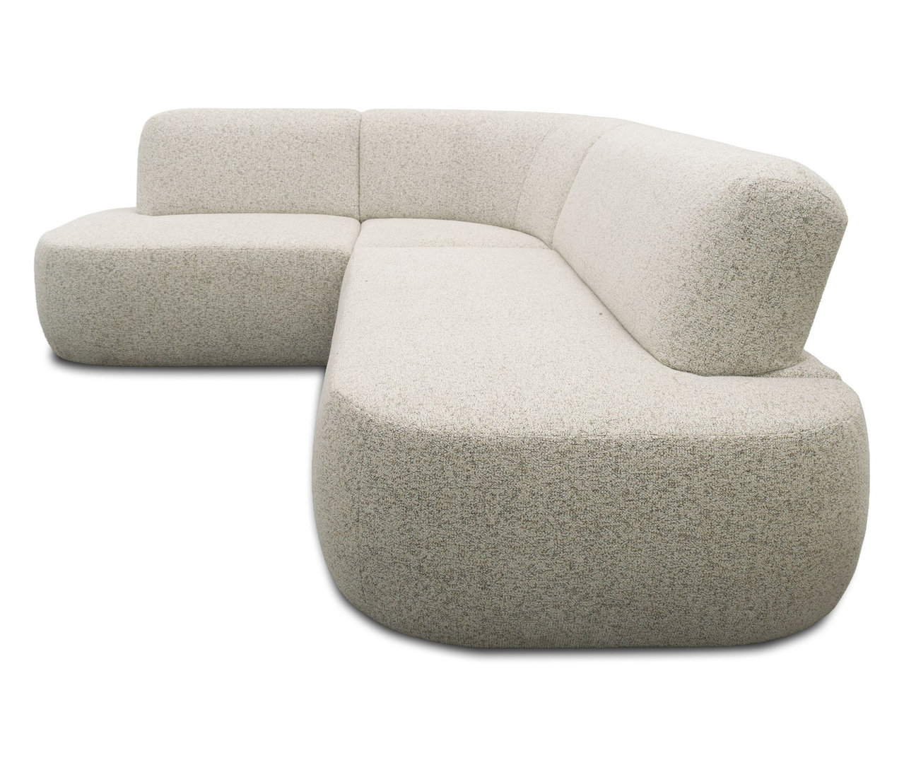 Nahaufnahme eines modularen Ecksofas mit hellgrauem Bouclé-Stoff.