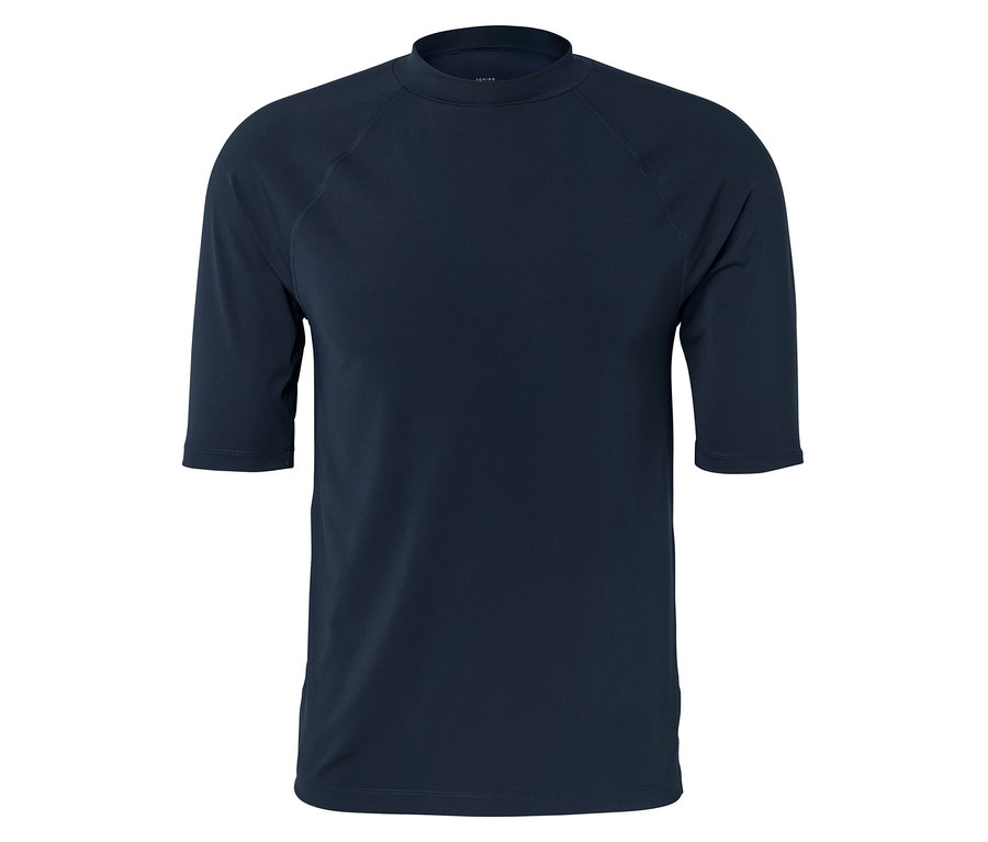 Marineblaues T-Shirt mit Rundhalsausschnitt und halben Ärmeln vor einem weißen Hintergrund.